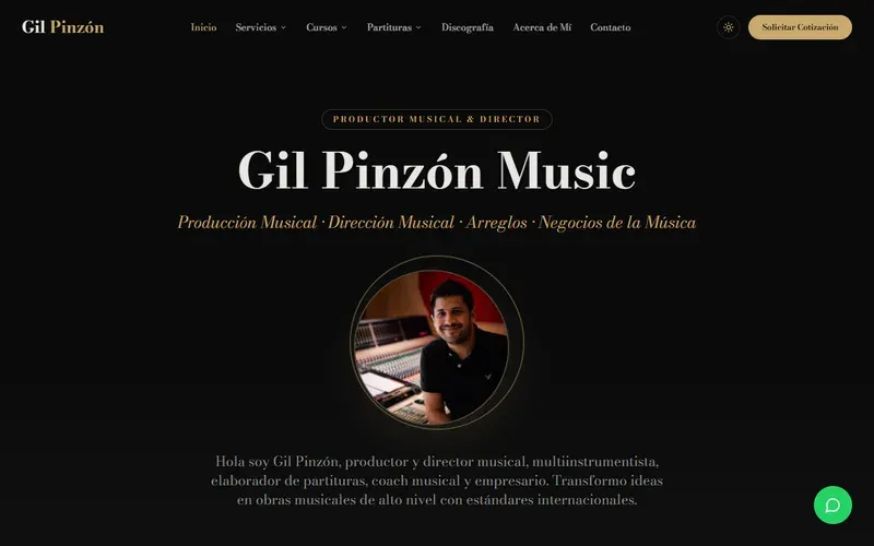 Captura del sitio Gil Pinzón Music, Productor musical