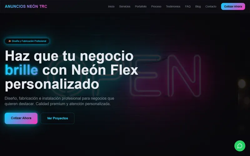 Captura del sitio Anuncios Neón TRC, Fabricación de anuncios