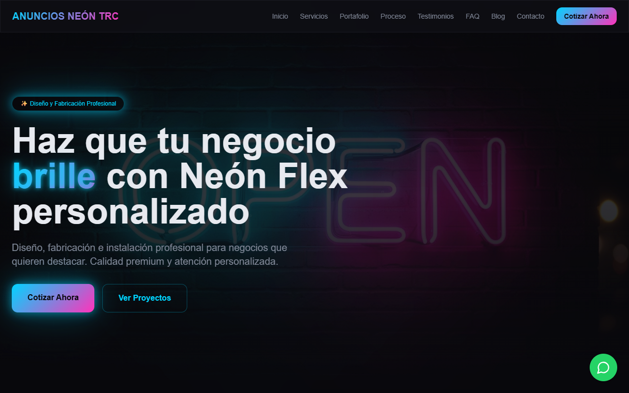 Captura del sitio Anuncios Neón TRC — Fabricación de anuncios